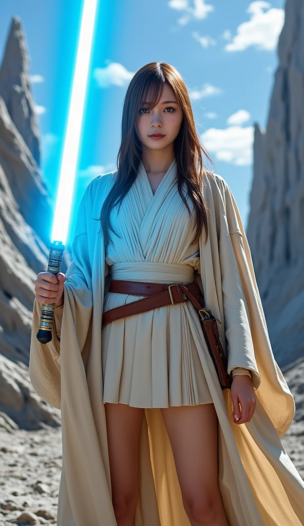 (8K, Raw photo, highest quality, masterpiece: 1.2), (realistic, photorealistic: 1.37), highest quality, Super detailed, high resolution, 1 girl, Siyun, A beautiful girl dressed as a Jedi Master, Holding a lightsaber, This is the world of Star Wars,