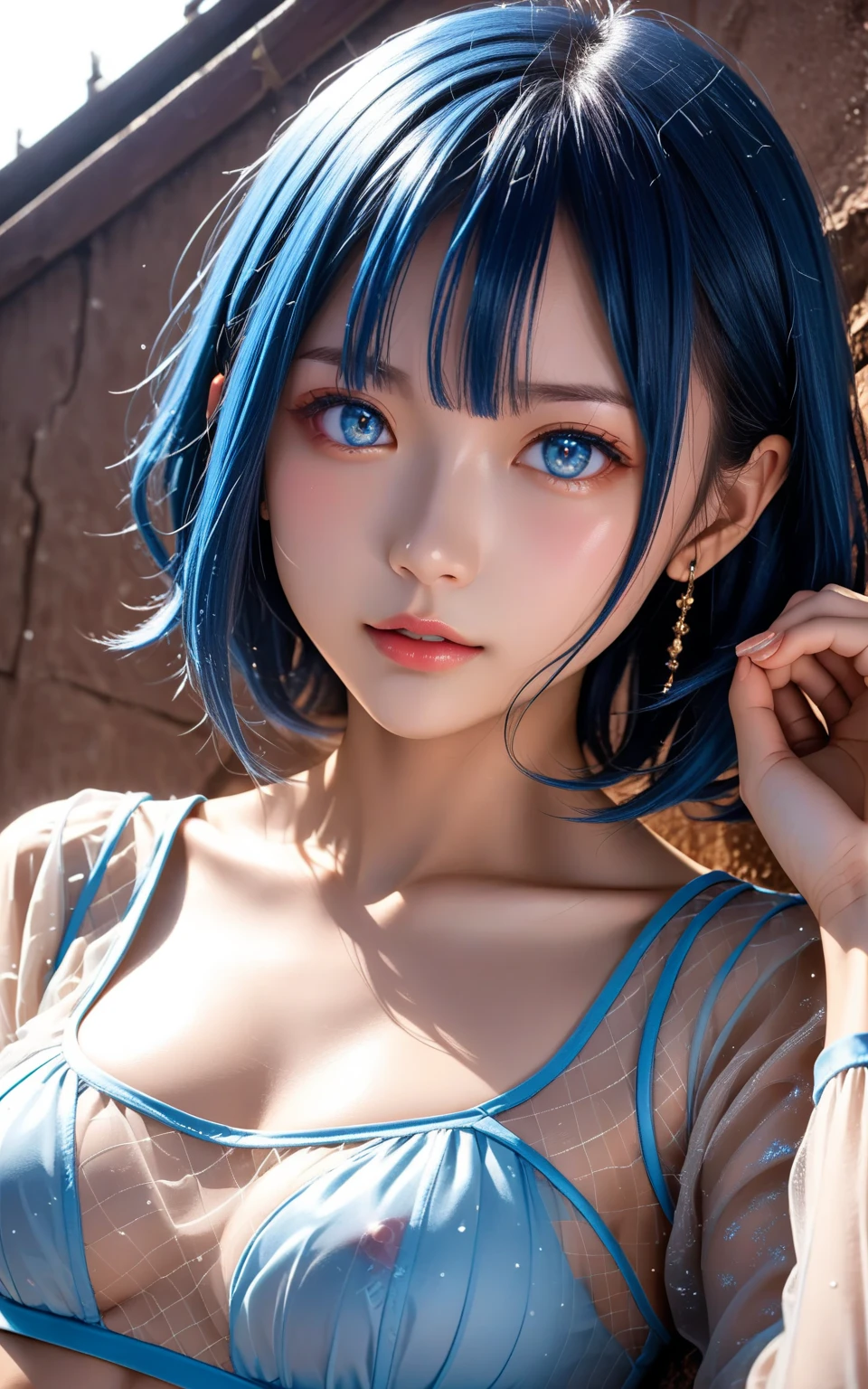 French woman, hair tied (blue), wet, sweating, looking up off camera (blue eyes), on her knees, holding her breasts, large breasts, wearing a semi-transparent white dress and a langerie.