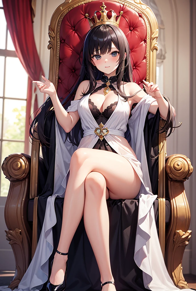 score_9, score_8_up, score_7_up, score_6_up BREAK source_anime, Ishtar, long hair, black hair, ribbon, hair ribbon, two side up, red eyes, parted bangs, crown, PekoraPrincess, fur collar, white dress, frilled sleeves, short sleeves, gold-trim, white gloves, white thighhighs, garter straps, 1girl, divine goddess body with stunning curves, smile, wide hips, on her back, spread legs, The background is on a living room