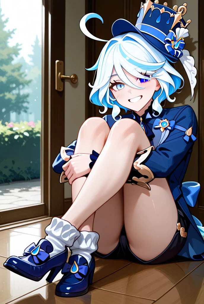 Purple garter belt,Light blue pubic hair,Angry face,Through clenched teeth,A lot of love juice