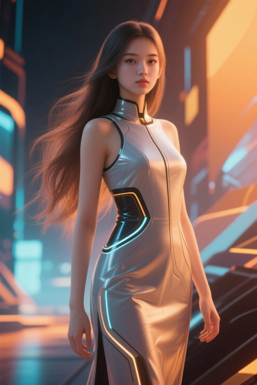 (masterpiece, best quality:1.2), 1girl, solo, vintage miss 21 years old pin-up, legs crossed in pantyhose, beautiful detailed face, makeup, straight red hair, ponytail, small smile, (((printed dress))), setting: in spaceship port. hyperrealism, 4k, Photographed with a Canon EOS R5, 50 mm lens, F/2.8, Full HD,