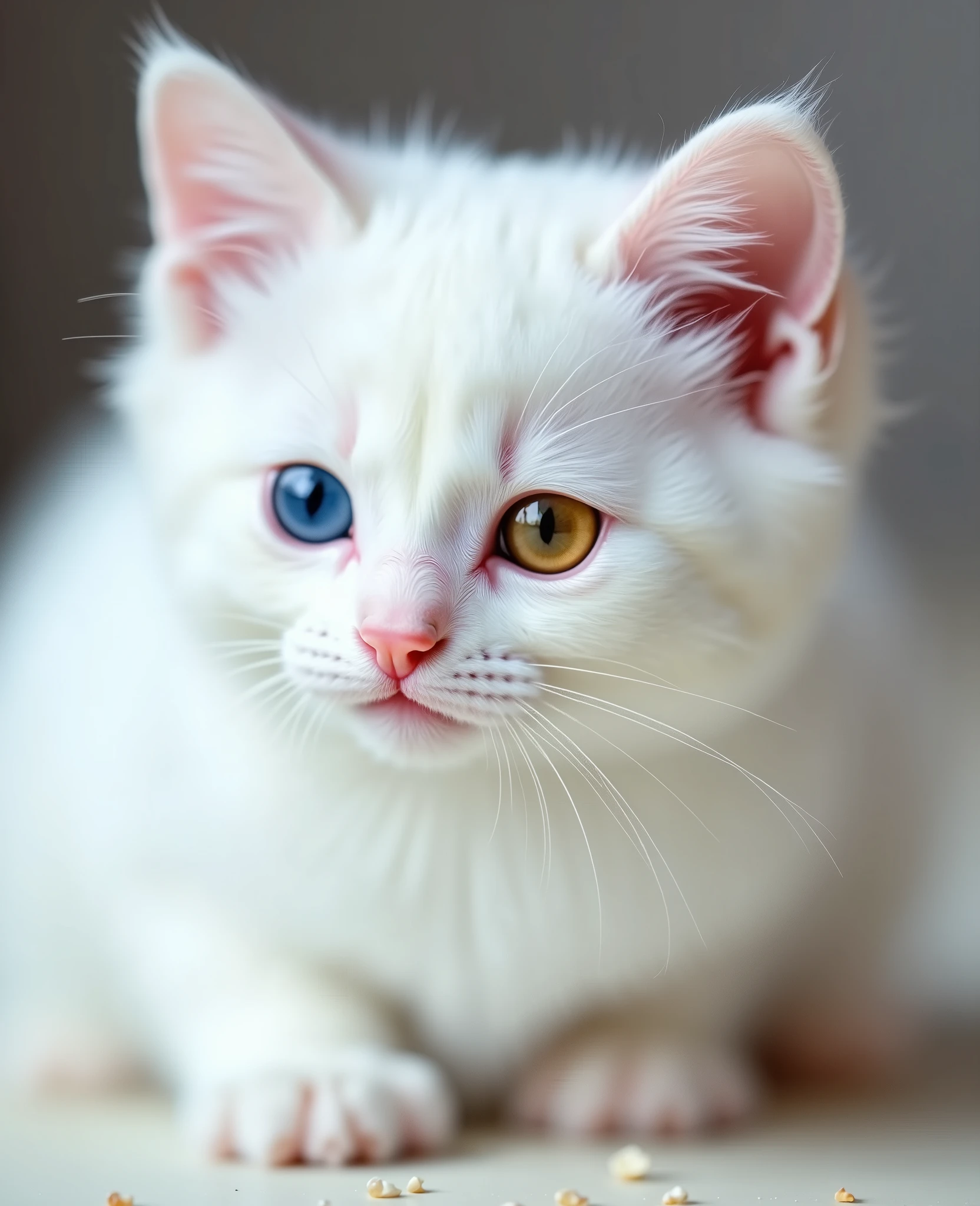 close-up zoom ,(macro:1) Photo,cute Turkish van kitten all white, with colorful eyes one eye
yellow one blue fabulous eye painting super detail of squirrel and pupil, perfect wool drawing, you can see, super quality plays on,( Mandelbulb fractals :4) thousands of pieces of colorful glass candy on an opalescent tabletop,condensation ,fizzy,sneakers in detail,intricate, key light ,backlight,fill light,three-point lighting, nebulae bubbles ,