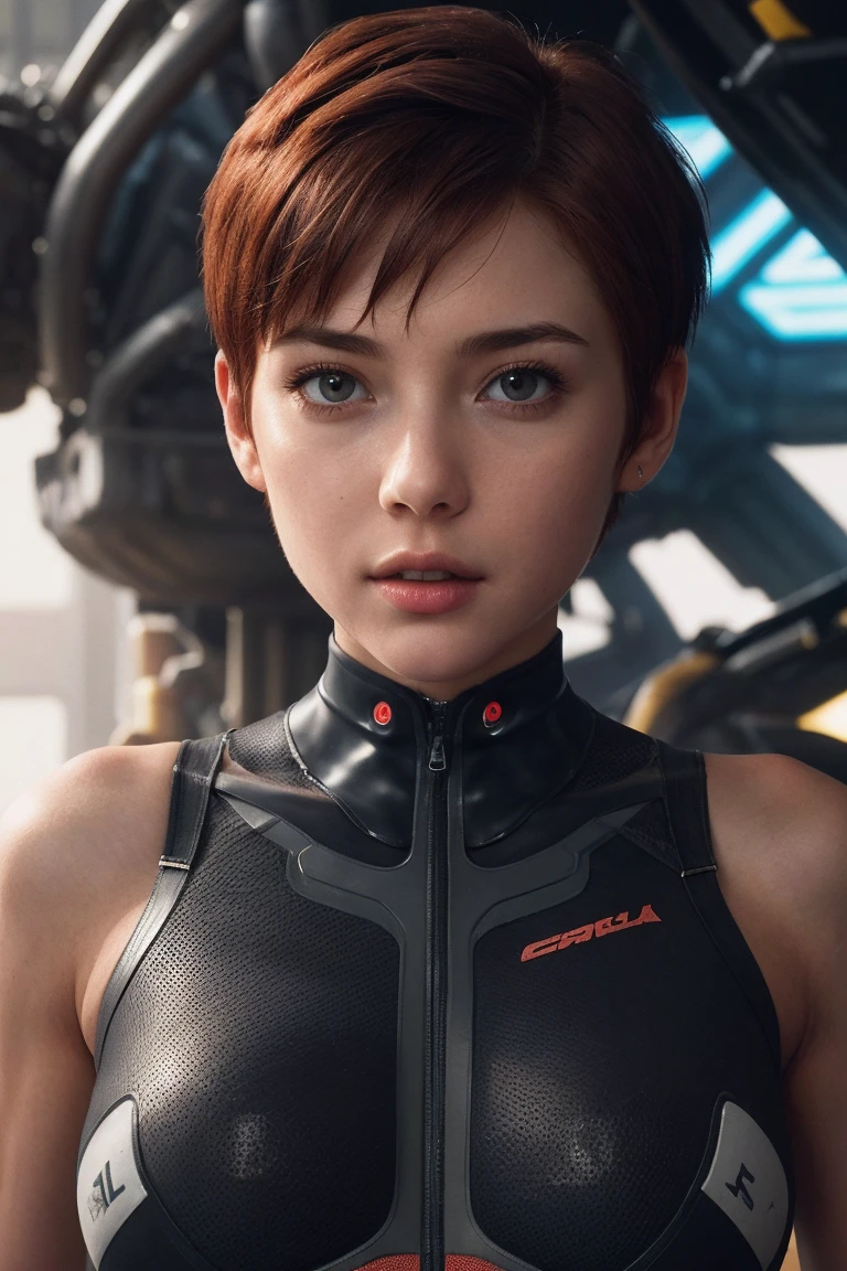 1girl, looking (((interested!!, amused!!)), (((looking at camera)))). Masterpiece, photorealistic, raw photography, top quality, best quality, upper body, muscular, attractive, short red hair. NSFW, topless, high-tech apparel. Sci-fi, indoors.