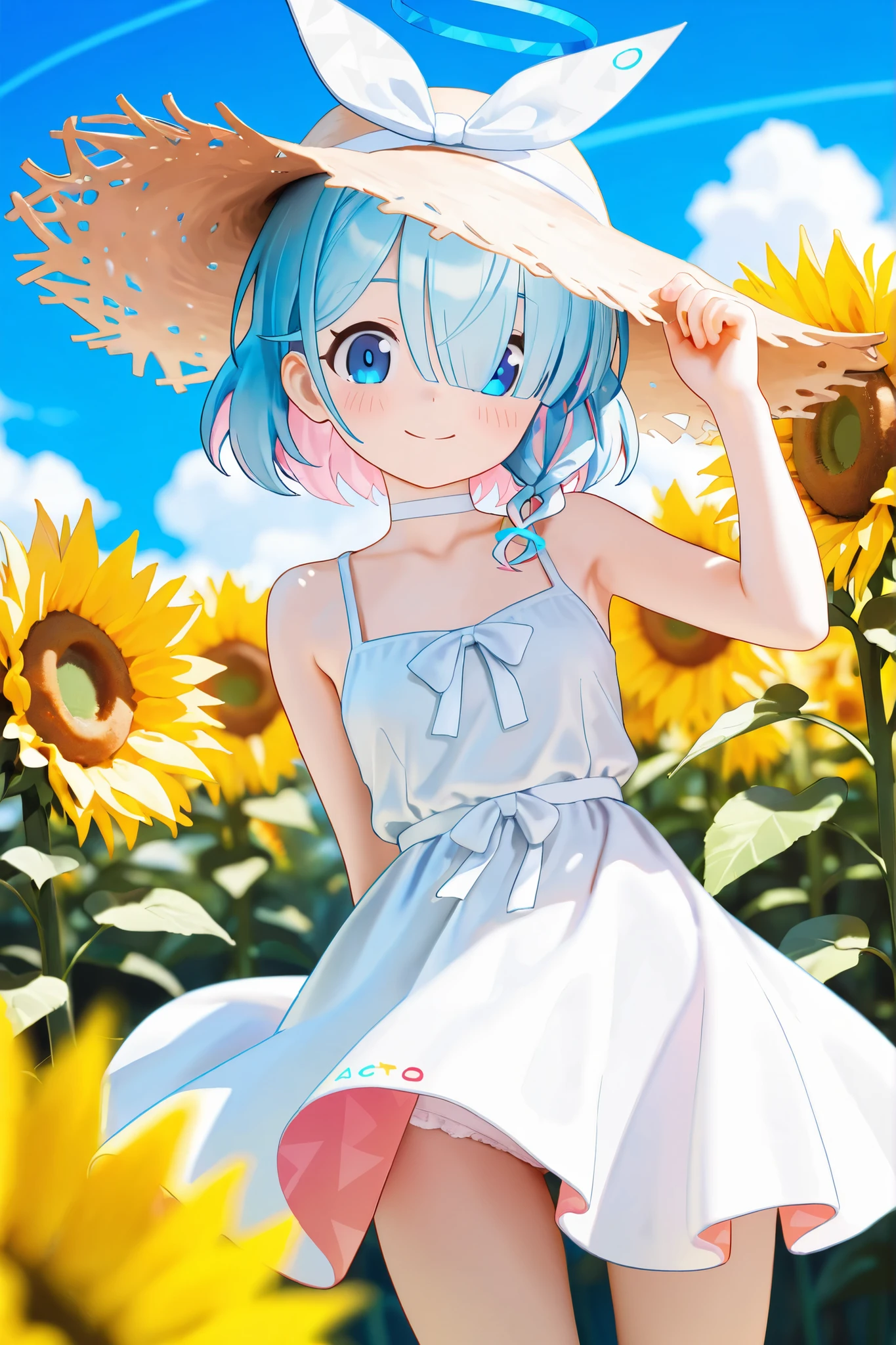 4k, 1toddler, solo, shiny skin, short hair, wolfcut, wavy hair, light green hair, large eyes, (flat chest), ((infantile build)), (((wariza))), (arm between legs), looking at viewer, smile, (blush), wearing one-piece dress, white dress, sleeveless dress, see-through, pointy nipples, white sandals, straw hat, sweat, Clothes soaked in sweat and transparent, blue sky, sunflower field, from below,