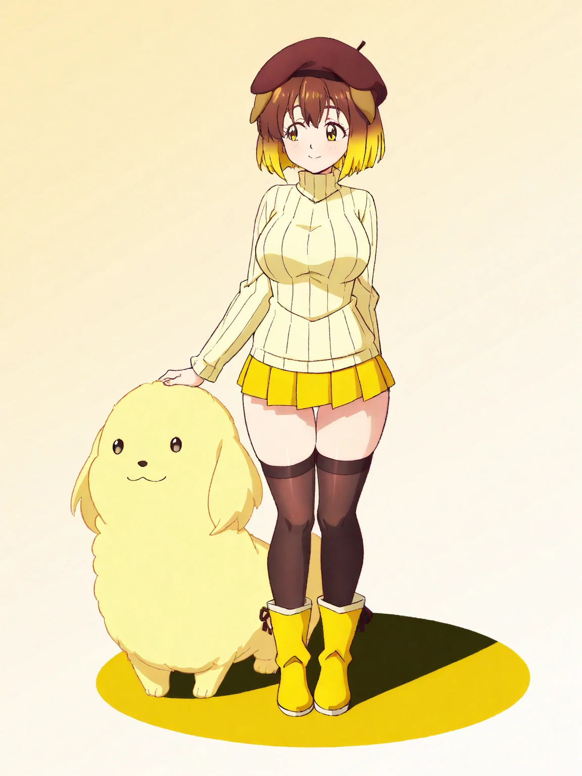 1 Girl, White catsuit, yellow hair, blush, Touching the abdomen, Spread your legs, Twin tails, Low - Angle, Pregnant women,
