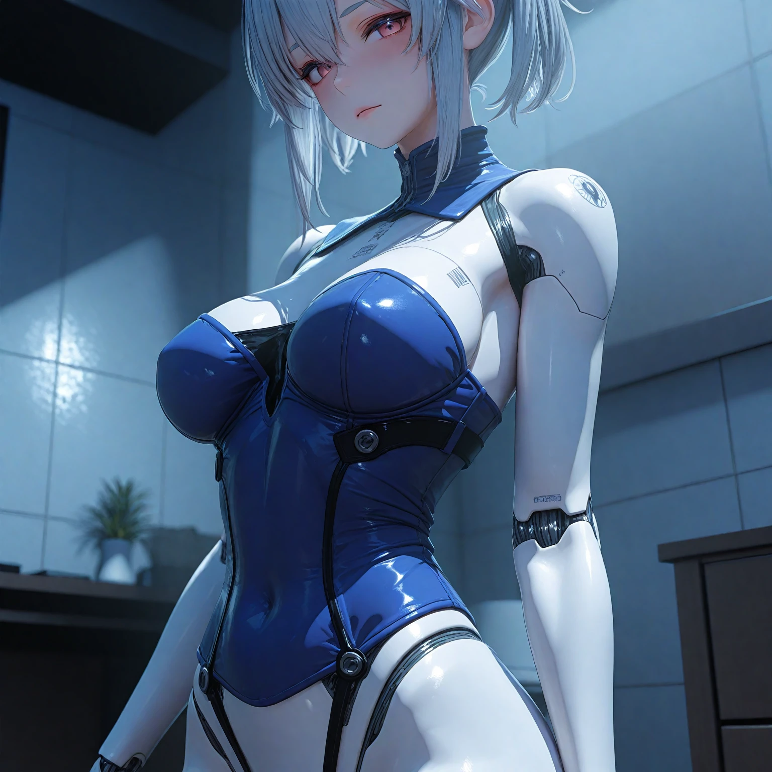 1girl, solo, detailed face, , , long hair,(((robot arms,robot legs))),sf,standing,looking viewer,side ponytail,small breasts,,(leotard),nsfw,,thigh boots,arms behind back,angry,cowboy shot,indoor