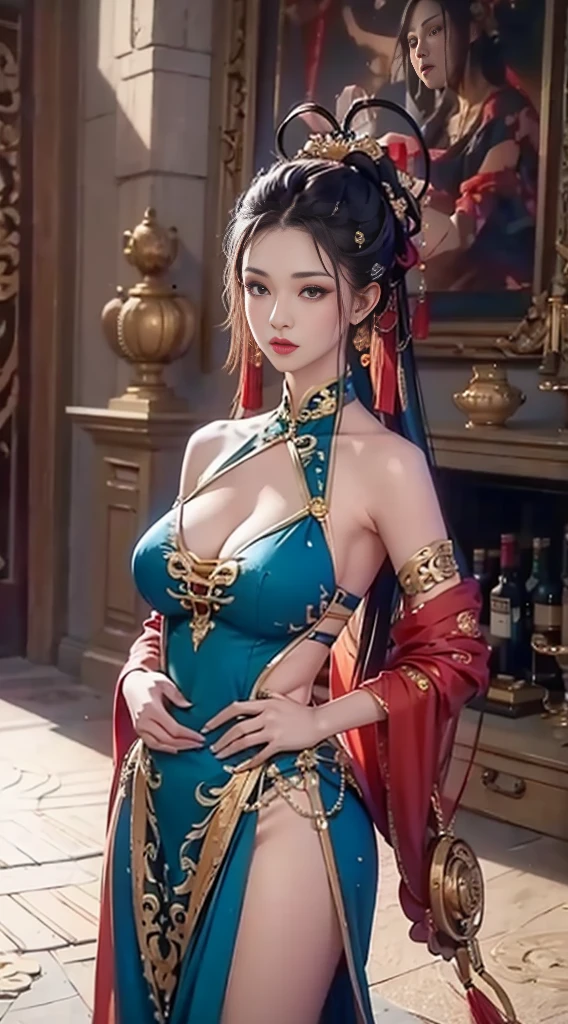Chinese transparent silk dress, hair adornments, necklace, jewelry, Long hair, Earrings, Chinese clothes, Big boobs