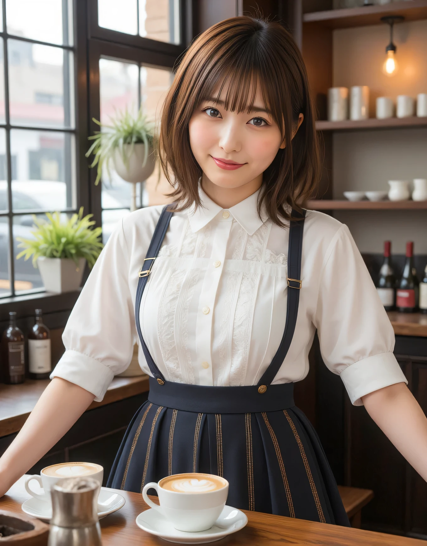(Highest Quality、table top、8k、Best Picture Quality、超A high resolution:1.5, (photorealistic:1.4),​masterpiece:1.2,(top-quality:1.4)、Raw photo)、Woman working at a cafe、maid clothes、maid clothesを着たcafe clerk、(accentuate your body line:1.1)、Portrait of a beautiful classy woman、 look at me and laugh、super high resolution perfect and beautiful teeth、Ultra HD beautiful face、ultra HD hair、Ultra HD The Shining Eyes、The Shining, Super High Quality Beautiful Skin 、one beautiful girl with super high quality glossy lips、Japanese idols、30 years old、are beautiful in every detail and have an eye for detail、detailed face、beautiful skin、slender、Surimi Waist、thin legs、 Glamorous Hairstyles :1.3、cafe clerk 、smile:1.2、、１a japanese girl、Cute、 (RAW Photo:1.2), (photorealistic:1.4), beautiful detailed girl surrounded by thugs, very detailed eyes and face、Hair extends to shoulders、はにかんだsmile、brown hair