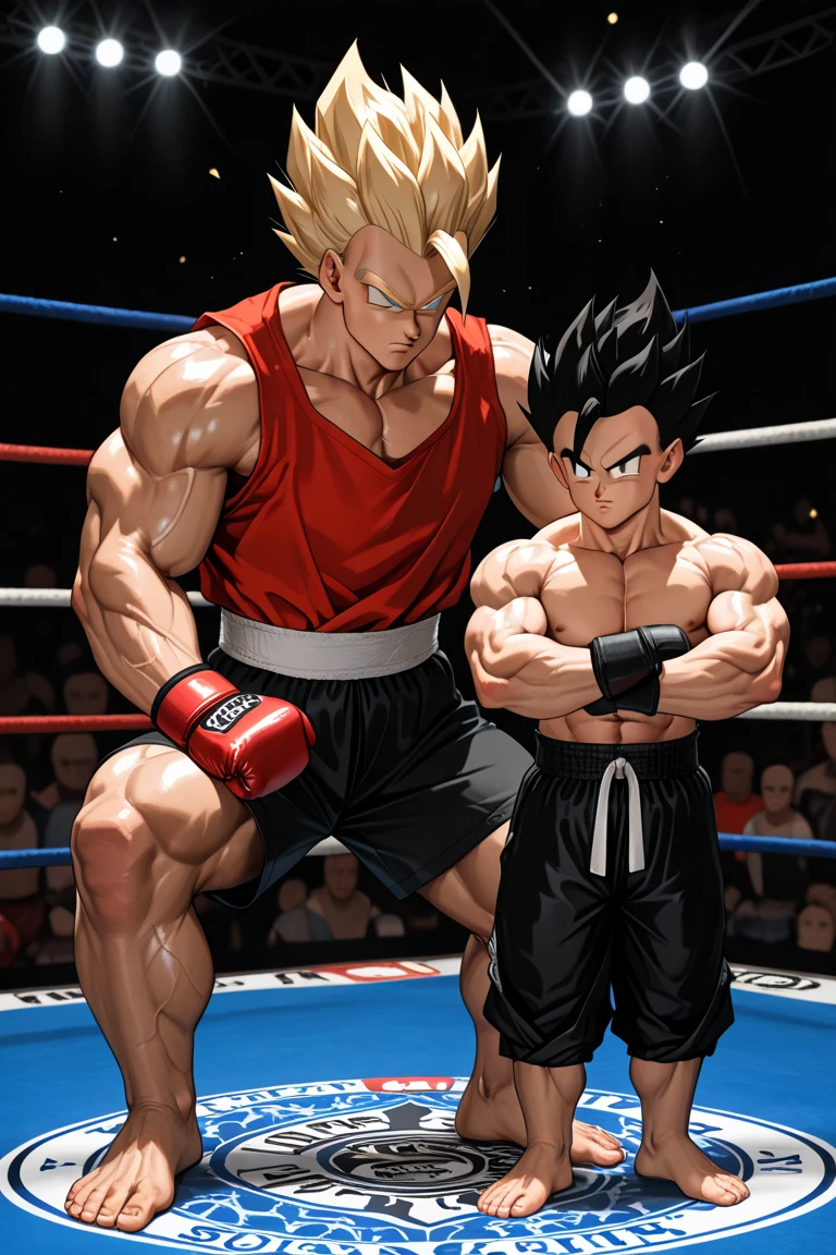 Draw Mini Goku in a fighting pose with his spiky hair and iconic training suit.