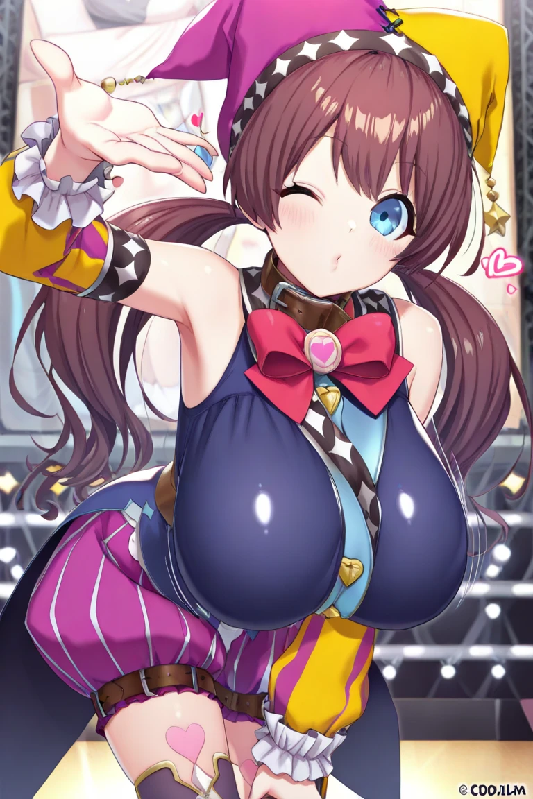 masterpiece, 1 girl, alone, Honesty "Queen" Niijima (Honesty Niijima) - People、Looking at the audience, Big Breasts, Mature Woman, blush, smile,laugh at,Brown Hair, Pink Bed, Mature Woman,Black latex gloves,Purple off-the-shoulder latex suit,Purple Skirt,Purple off-the-shoulder latex,Purple latex skirt,Latex shirt,Purple latex off-shoulder shirt,Armpit sweat,Black latex knee-high socks,Purple High Heels,tongue,Wet pussy bitch,Hearts in eyes,Navel exposed,