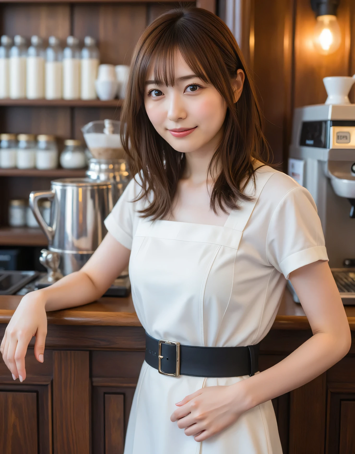 (Highest Quality、table top、8k、Best Picture Quality、超A high resolution:1.5, (photorealistic:1.4),​masterpiece:1.2,(top-quality:1.4)、Raw photo)、Woman working at a cafe、maid clothes、maid clothesを着たcafe clerk、(accentuate your body line:1.1)、Portrait of a beautiful classy woman、 look at me and laugh、super high resolution perfect and beautiful teeth、Ultra HD beautiful face、ultra HD hair、Ultra HD The Shining Eyes、The Shining, Super High Quality Beautiful Skin 、one beautiful girl with super high quality glossy lips、Japanese idols、30 years old、are beautiful in every detail and have an eye for detail、detailed face、beautiful skin、slender、Surimi Waist、thin legs、 Glamorous Hairstyles :1.3、cafe clerk 、smile:1.2、、１a japanese girl、Cute、 (RAW Photo:1.2), (photorealistic:1.4), beautiful detailed girl surrounded by thugs, very detailed eyes and face、Hair extends to shoulders、はにかんだsmile、brown hair