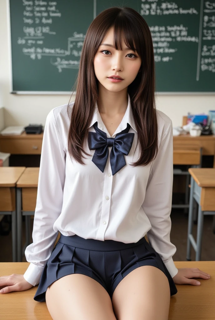 high resolution, RAW photo, photorealistic, extremely delicate and beautiful, extremely detailed, finely detail, extremely detailed CG unity 8k wallpaper, ultra-detailed, (best quality, 8k, 32k, masterpiece, UHD:1.2), 17 year old beautiful Japanese model in JK school uniform, white short sleeve shirt, thin red tie, (dark blue pleated skirt), (((sitting on desk in abandoned school, have a smartphone))), charming look, charming figure, delicate body shape, very beautiful face, medium hair, long slit eyes, tall, slim, skinny, medium breasts, upper teeth, kindly smile, young sensual gravure idol, young thin gravure idol, young pretty gravure idol, young gravure idol, realistic young gravure idol, Japanese model, sophisticated gravure idol