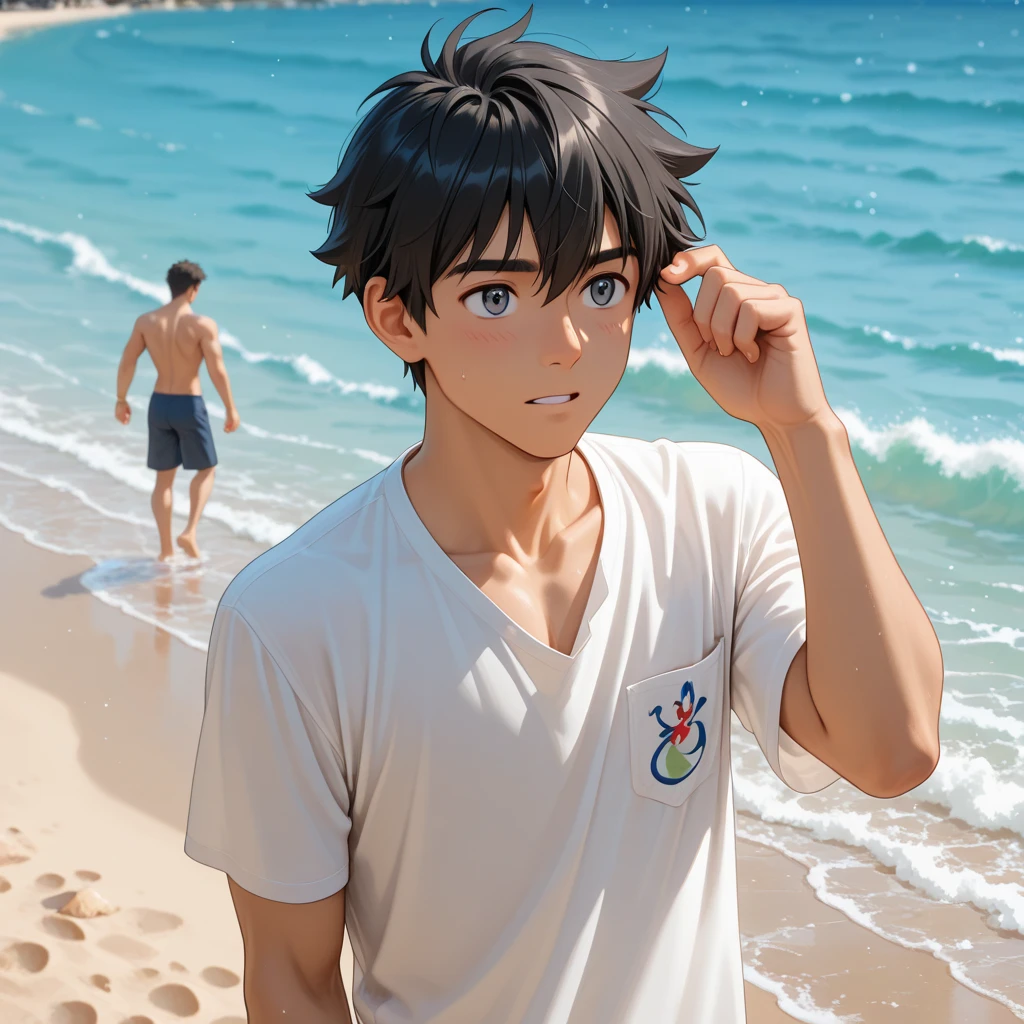 realisticlying,Two 18-year-old boys.Crotch close contact,selfee、Sea bread,T-shirt wearing、the beach,selfee,Face Real,Face Zoom