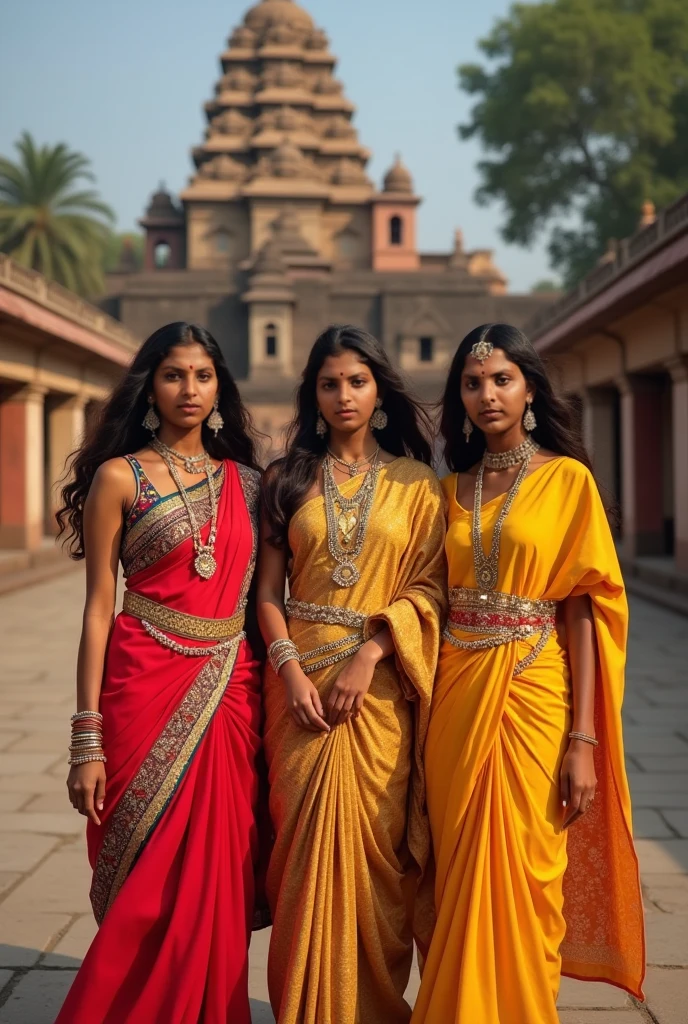 Three married indian women, wearing saree, arogant and killer looks, sharp eyes, a elegance house like temple in the background, half body