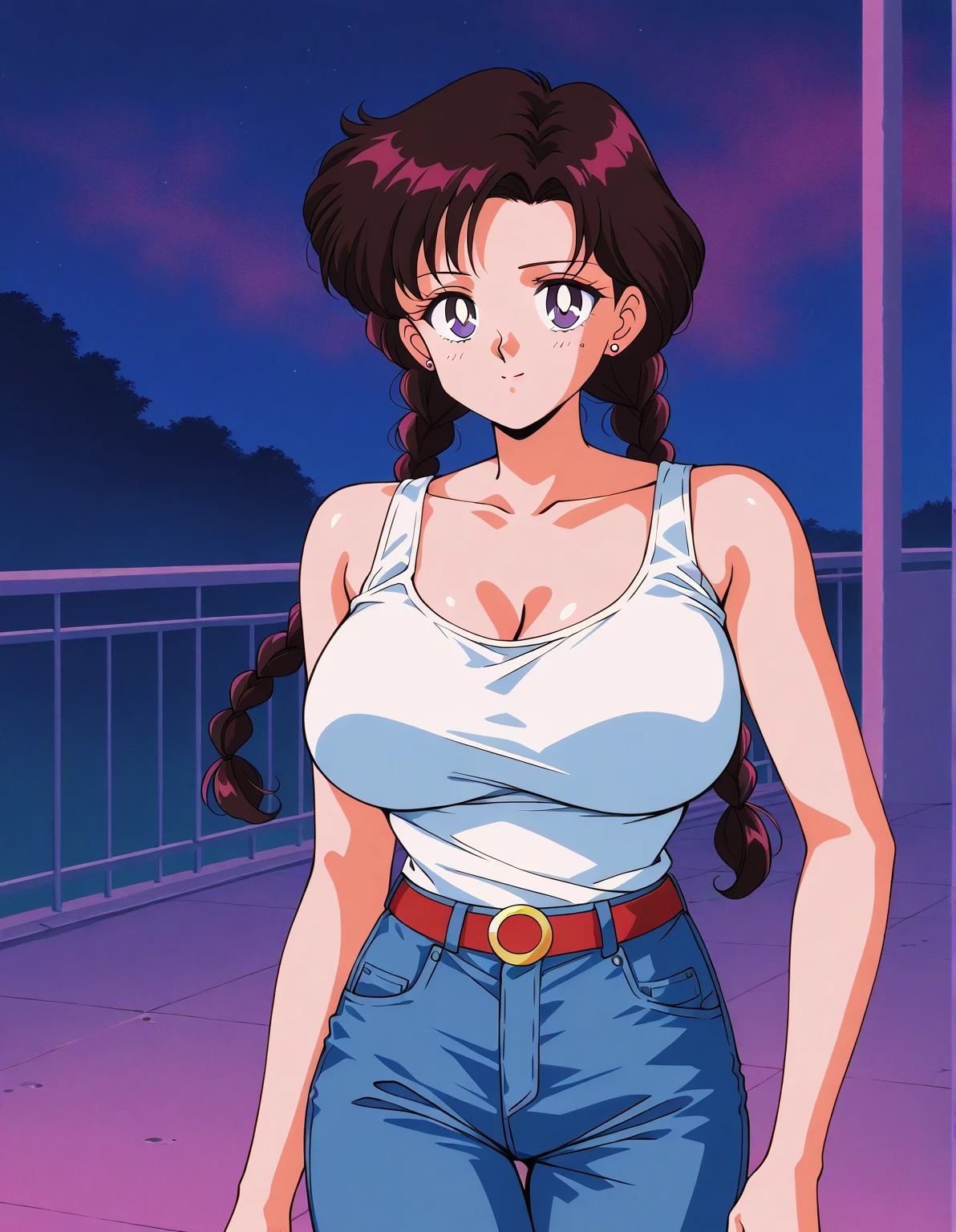 ((masterpiece, Highest quality, case)))), High resolution、8k、1990s、Brick wall、1 girl,alone, kodachi kuno (16 years old, Black hair side ponytail 、Long upper eyelashes、Thin lips、Round jaw、White tank top、Denim hot pants、,Socks skin color(light brown)))), Huge breasts, Cleavage、Girl,Bright smile、I can see your belly、Detailed skin, Autora Rumiko Takahashi、Angle from below、Put your right hand on your chest