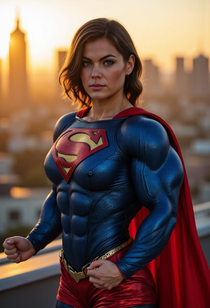 (Muscular:1.5), (thick thighs:1.7), 
female, black hair, beauty mark, 
earrings, eyeshadow, lipstick, 
(big smile:1.5), detailed skin, detailed eyes, clean skin,
hard nipples, small breasts,
choker, (red and blue superhero outfit, gloves, small cape, blue tanktop), (skirt:1.4), 
(upper body view:1.2), looking at viewer, (three quarter view),
rooftop at night, rim lighting, two tone lighting, dimly lit