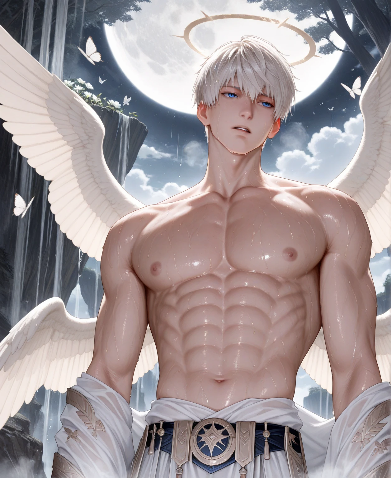 masterpiece, highest quality, (Focus alone), (Perfect Face:1.1), (Attention to detail:1.1),dramatic, ( 2 alluring albino naked angel guy with long flowing pure white hair and piercing 黒い目 standing close toghether , cuddle, almost kiss, sexy angle cloth ),I can see your abs,Handsome,,Short Hair, night shinning moon background, realistic penis, long big dick expose, perfect pretty penis, cumshot alot semen(white liquid all over), cum on face, cum eatting,