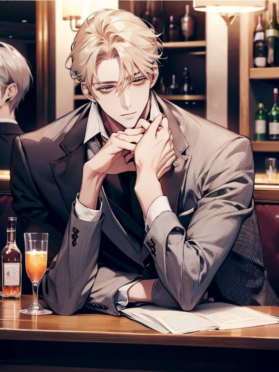 Blonde man, elegant scum, suit, psychology master, flirtatious attitude, sitting at the bar, drinking whiskey, Japanese animation style, black background