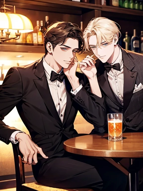 High end jazz bar, high resolution, extra sharp, 8ก, Masterpiece, orange light,man,short hair,black hair,handsome,face details,whiskey glass in hand,left hand,Wear a ring on the left ring finger.,wedding ring, drink, black suit,handsome,manอายุ 30 ปี.