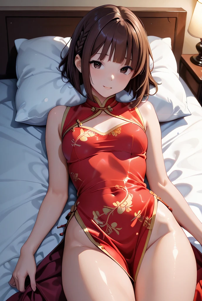 Pubic area is clear,4k wallpaper,HighestQuali,A teenage girl,Burgundy silk nightdress(Peony flower pattern),Reallightandshadow,Warm lighting,Chinese style bedroom,Traditional red silk bedding,Traditional Chinese gardens,suburb,nighttime scene,nigh sky,galactic,The upper part of the body