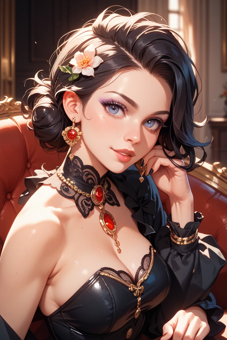 (masterpiece), best quality, expressive eyes, perfect face, upper body, beautiful face, mature woman, focused, beautiful eyes, jade eyes, medium dark purple hair, light brown skin, boudoir steampunk dress, clockwork tower background, front view, close up, pink lipstick, pink blush