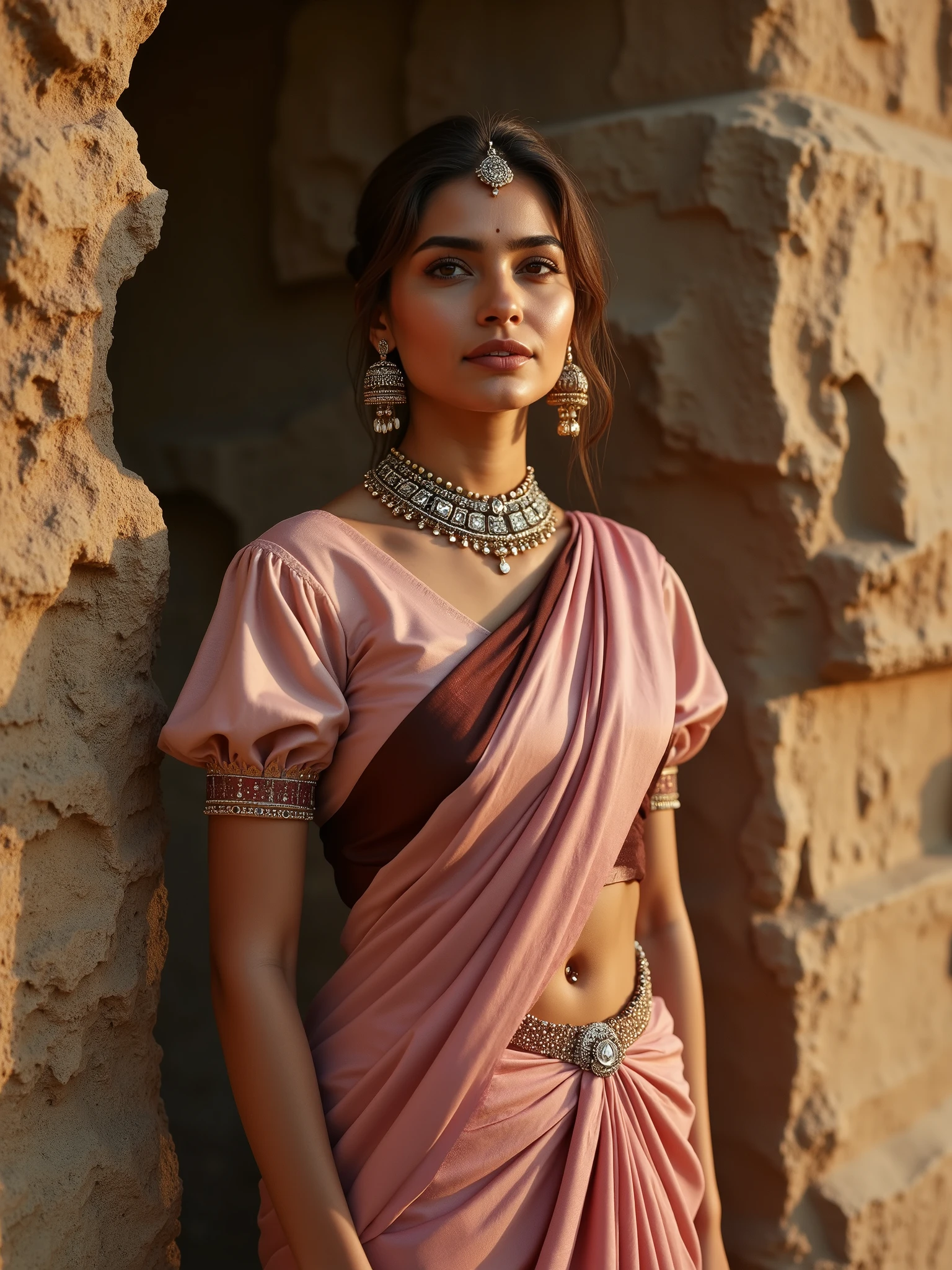 A photorealistic editorial portrait of a contemporary royal muse, blending South Asian aristocratic heritage with modern elegance. She stands tall and composed against a backdrop of raw, ancient stone textures, her luminous skin and regal bearing creating an immediate visual contrast. Her silk saree, in soft pink and earthy brown tones, is draped in a refined, tailored style, revealing her midriff with artful precision. A shimmering silver ring gleams at her navel, adding a whisper of rebellious modernity to her otherwise classic appearance.

Her blouse is fashioned from deep maroon raw silk, with structured short puff sleeves that give a vintage yet powerful silhouette. The pallu is expertly adjusted and secured over her shoulder, flowing behind her like a royal banner, while her waist and hips remain elegantly visible, celebrating feminine strength.

Her facial features are poised and sophisticated: strong dark brows framing soulful brown eyes lined with subtle kohl, a refined nose, and full rose-nude lips set in a slight, enigmatic smile. Her cheekbones are softly highlighted by the natural golden daylight, adding to her luminous aura.

She accessorizes with antique gold jhumka earrings, a statement choker encrusted with traditional motifs, and a vibrant stone-studded maang tikka positioned perfectly at her center parting. Her hair is sleek and polished, parted neatly at the center, falling into a low bun adorned with delicate gold thread.

The lighting is warm and natural, softly wrapping her in a golden glow while deepening the textures of her attire and the rugged stones behind her. The composition celebrates the fusion of old-world royalty and new-age confident femininity.

Modern royal editorial aesthetic, photorealistic silk and jewelry realism, elegant midriff exposure, traditional-modern heritage fusion, cinematic golden lighting. --ar 2:3 --style editorial --v 6 --quality 2 --uplight
