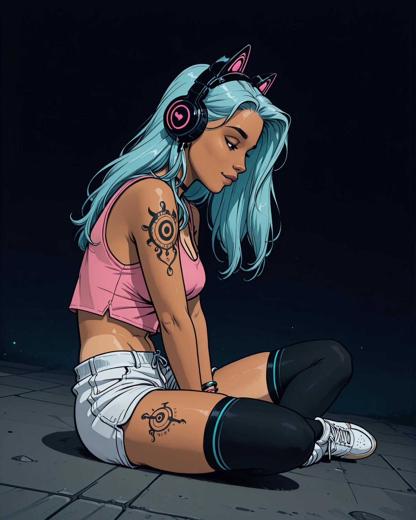 Solo, 1girl, High Resolution, Long Hair, medium Breasts, lightblue hair, dark background, manga Style, naughty look, black cat headphones, full body, bracelets, earrings, thigh tattoos, arm tattoos, High Details, dreamy, neckband , naughty posing, tanned, lean body, black thigh high socks, side view, dutch angle, sitting on ground, legs slightly spread, white jeansshorts, pink loose crop top, white sneaker, looking down