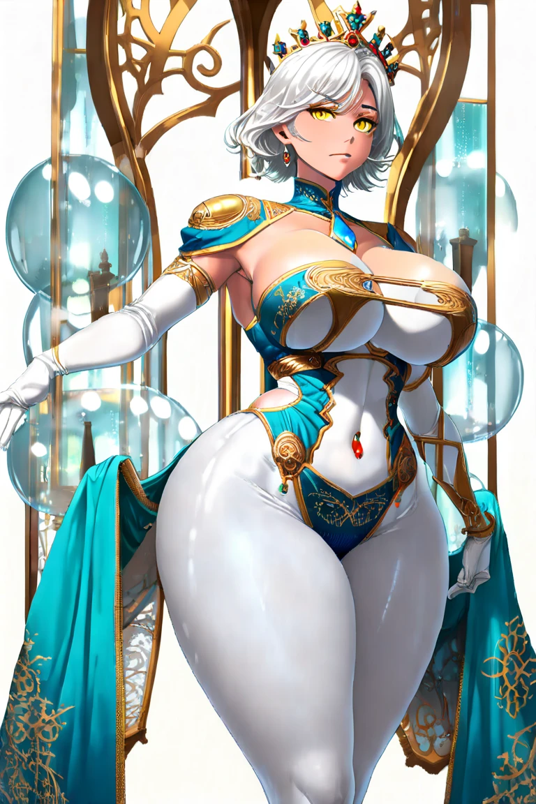 Adult woman, short white hair, blue eyes, ssmile, blue lipstick, The Queen's Transparent Dress, Gold Elements, Sleeveless, big breastes, open breasts, nipples, neckline on the chest, hiquality, 4k, HD, Good detail