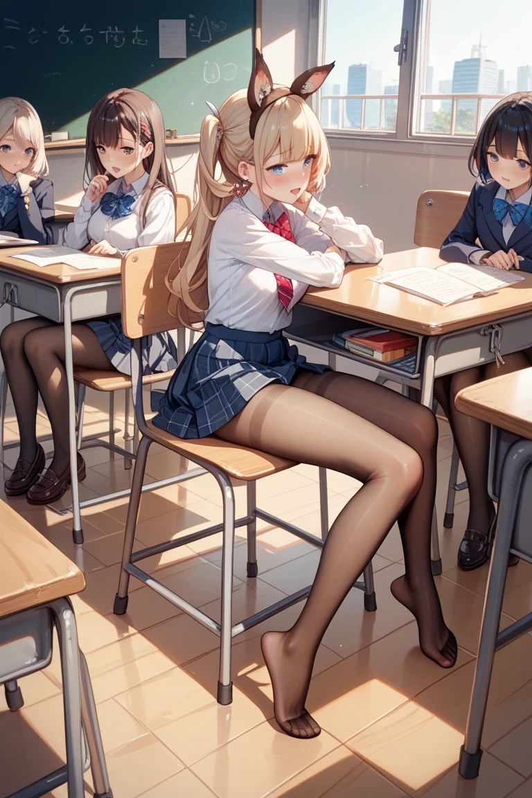 marin kitagawa, , sexy, perfect body,fullbody,white heels,black stockings, classroom,large breasts ,black skirt,white shirt,black jacket ,sitting on desk,happy, blush on face,look from below,give access to her leg, presents her leg for camera,want her leg get licked,give access to lick her leg