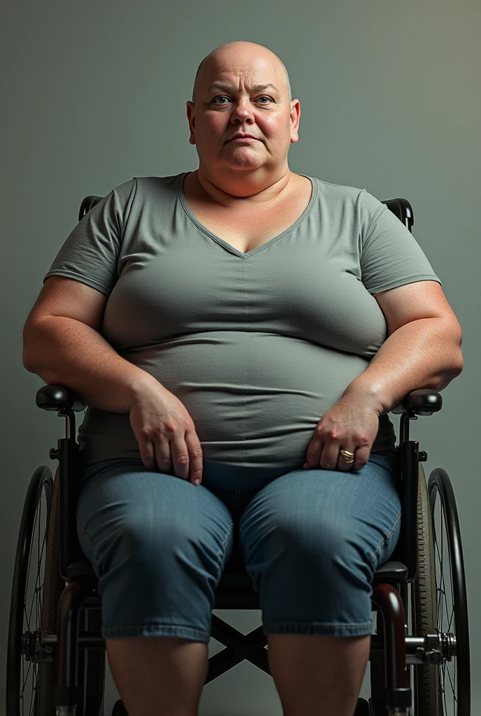 Beautiful elderly woman, cute,sexy,55 years old,,sexy, Wear a pearl necklace, old woman, Big saggy Breasts, one piece thing cotton stretchy grey clothing, Curly Hair, Sitting in a wheel chair, plain grey background