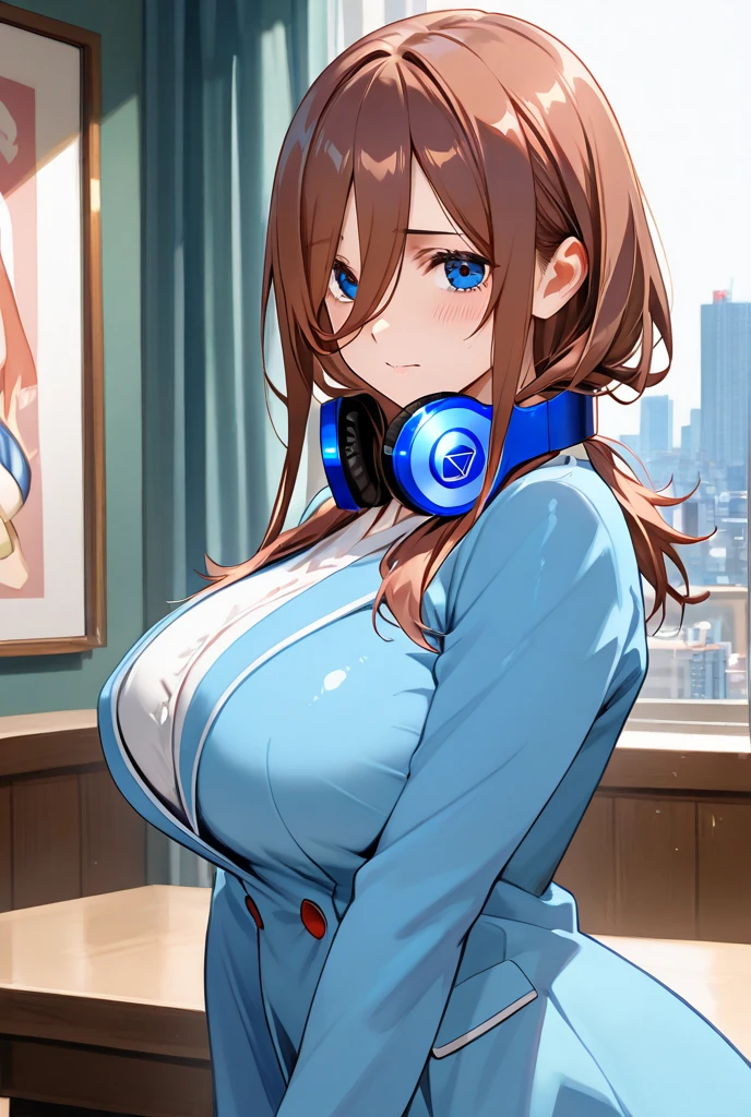 1girl, elegant erotic beautiful girl, big breasts, thigh highs, ((brown hair)), maxi dress, adultery, indecent, vulgar, Nakano Miku, intricate details, delicate facial features, beautiful blue eyes, ulzzang, long eyelashes, small nose, full lips, porcelain skin, natural lighting, warm color palette, chiaroscuro lighting, dramatic shadows, sensual, alluring, mature themes, artistic, dreamlike, ethereal, ((arms behind back)), sideboob, cleavage, looking at viewer, ulzzang, (blue eyes), (blue headphones), portrait, cute overload, looking at viewer,