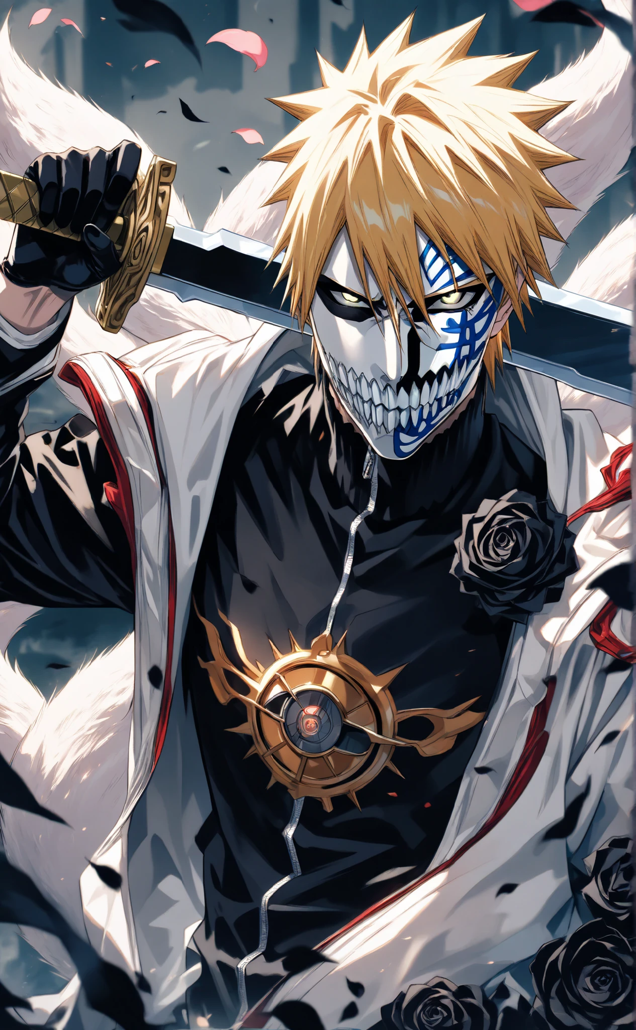 absurdres, highres, ultra detailed, HDR, masterpiece, extremely detailed face and eyes, perfect face, Hollowfication Of Uzumaki_Naruto's, Blonde hair, hair between the eyes, expressive Amber eyes, pale skin, Bleach, solo, sexy man, handsome, white Hoodie Coat, tight black shirt, patterns, Long Fangs, Black Gloves, Black roses, petals, in Las Noches Throne Of Hueco Mundo, (((Silhouette Of Ten-Tail Fox Spirit Through At Behind Him))), (((Power Spirit on His Sword)))