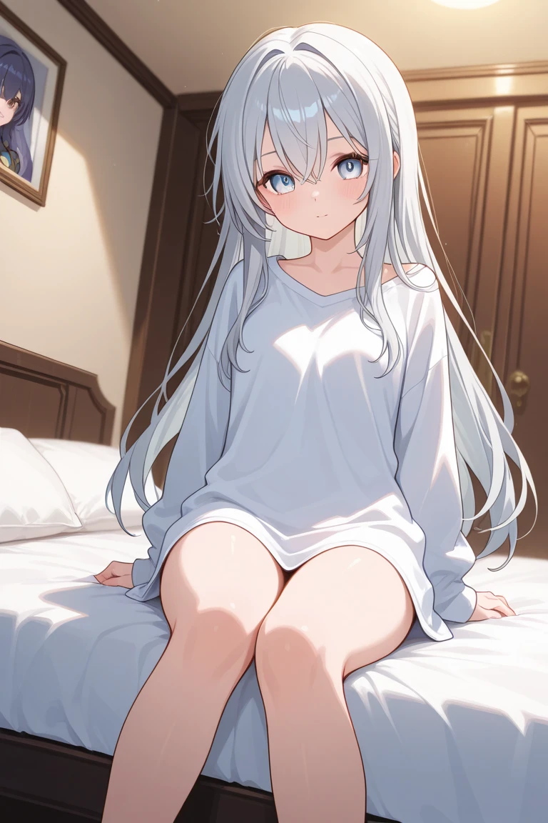 (best quality,4k,8k,highres,masterpiece:1.2),ultra-detailed,[hospital bed],[silver-haired girl],(clean:1.1),(clear:1.1),[white skin],[ethereal],[pajamas],portraits,soft pastel colors,(gentle lighting),(dream-like atmosphere:1.1), Composition that shows the whole body, sit on the bed, less exposure