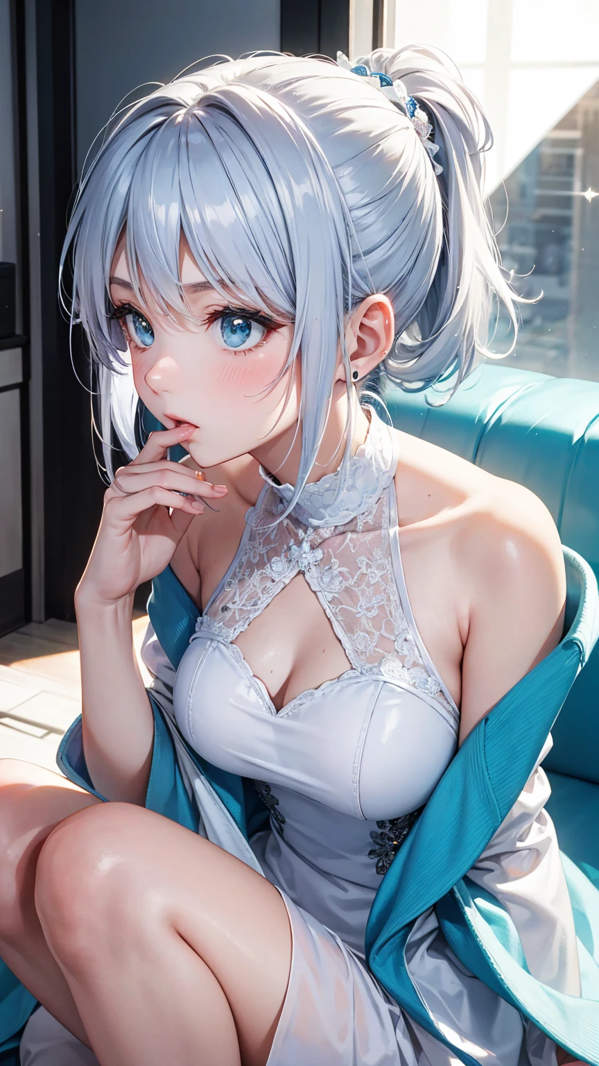 Adult woman, short white hair, blue eyes, ssmile, blue lipstick, Naked, big breastes, open breasts, , neckline on the chest, hiquality, 4k, HD, Good detail