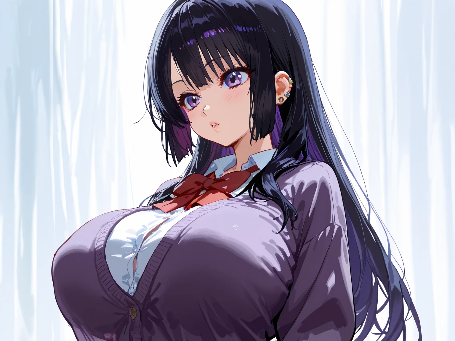 1girl, kanao tsuyuri (demon slayer), breasts, hetero, 1boy, penis, nipples, black hair, looking at viewer, sex, pov, navel, large breasts, purple eyes, shirt, sweat, vaginal, pants, sidelocks, solo focus,demon slayer corp outfit, bangs, uncensored, hair between eyes, open clothes, standing, black pants, indoors, closed mouth, veins, lips, bookshelf, open shirt, from above, off shoulder, long hair, smile
