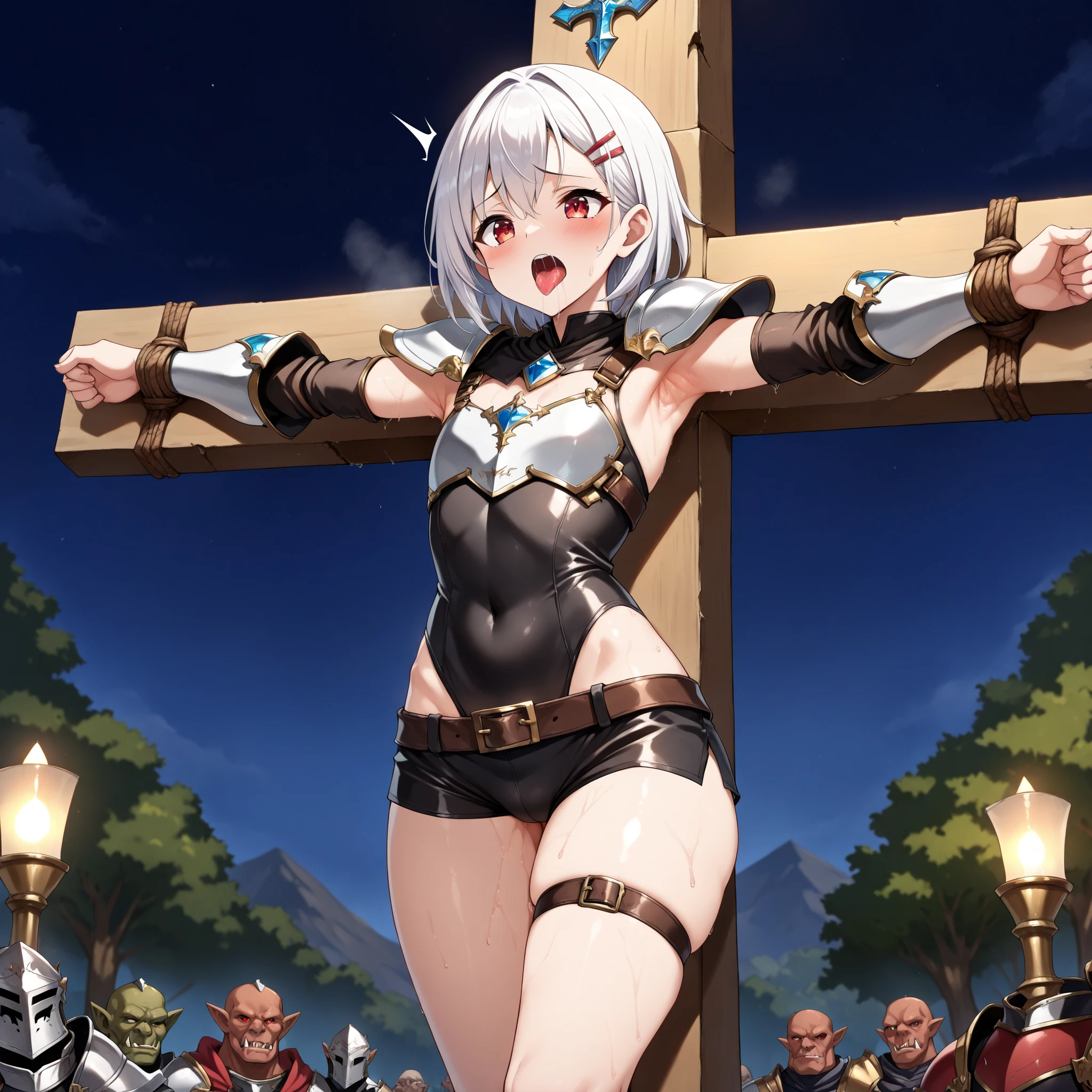 ((best quality)), ((masterpiece)), (detailed), Perfect face, SOLO, ((((FEMBOY)))), ANIME, beautiful detailed eyes, bobbed hair, white hair, RED EYES, flushing, sweaty body, sweat, ((fantasy armor)), loser, ((Pauldrons)), (vambrace), ((crucifixion)), outdoor, bondage, ((thigh strap), spread arms, public execution, heavy armor, armpit, raree-show, night, object, orc, broken armor, tongue, saliva, Flat chest, hairpin, White socks and black shoes, (((black High leg bodysuit)), (black High leg), black leotard, ((tight short black shorts)), buckle, (((breastplate)), bare legs