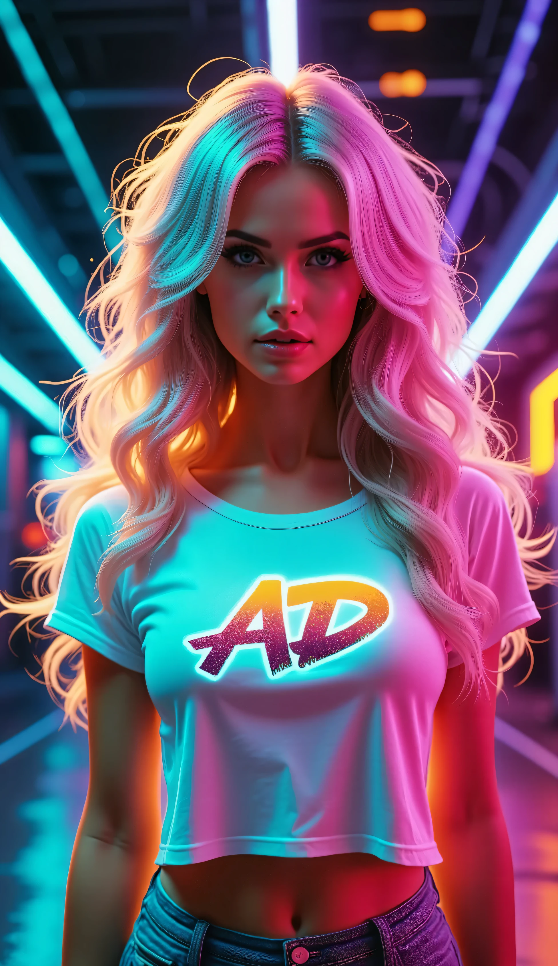 A digital illustration shoot from a portrait camera angle about a stylized portrait of a beautiful young woman with long, wavy white hair and a cropped white t-shirt with a colorful, graffiti style "AD" logo on it, set against a vibrant, glowing background with a mix of blue and magenta hues. the image also shows a glowing colorful flame effect around the woman's face and upper body. on the middle of the image, a gorgeous 20 year old, light-skinned woman's body is slightly turned to the side and she appears to be looking directly at the viewer with a seductive expression, wearing a white, short-sleeved shirt with a colorful, graffiti style "AD" logo on the front. she has a slender physique, fair skin, medium size breasts and large, expressive grey eyes. her hair is long and wavy, and her hair color is white with pink highlights. she is standing in a dimly lit, industrial setting with a blurred background and colorful lights, giving the image a futuristic, sci-fi aesthetic.