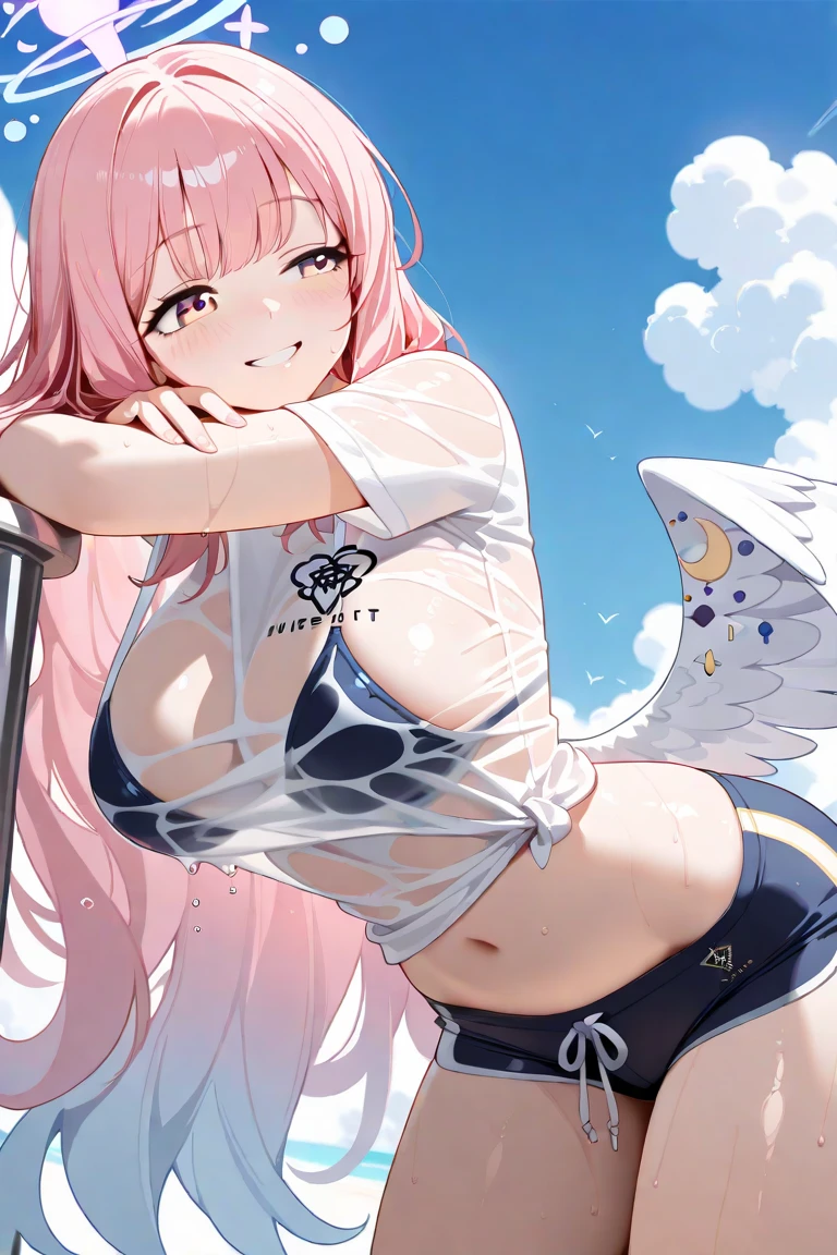 ((kinako (shiratama mochi) style)), mika_\(blue_archive\), poolside, emerged from pool, swimming, (masterpiece, top quality, best quality, official art, beautiful and aesthetic:1.2), (1girl), extreme detailed, colorful, highest detailed, official art, unity 8k wallpaper, ultra detailed, beautiful and aesthetic, beautiful, masterpiece, best quality, glitter drawing, choker, topless, nipples, stomach, mika, halo, sleeveless, bare shoulder, pink hair, ponytail, long hair, smiling, large breasts, angel wings, wet body, night sky