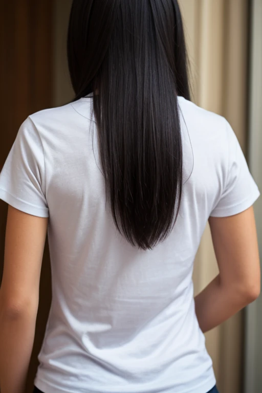 woman 45 years old, with blacks, long hair, Slavic appearance, stands with his back turned to the camera