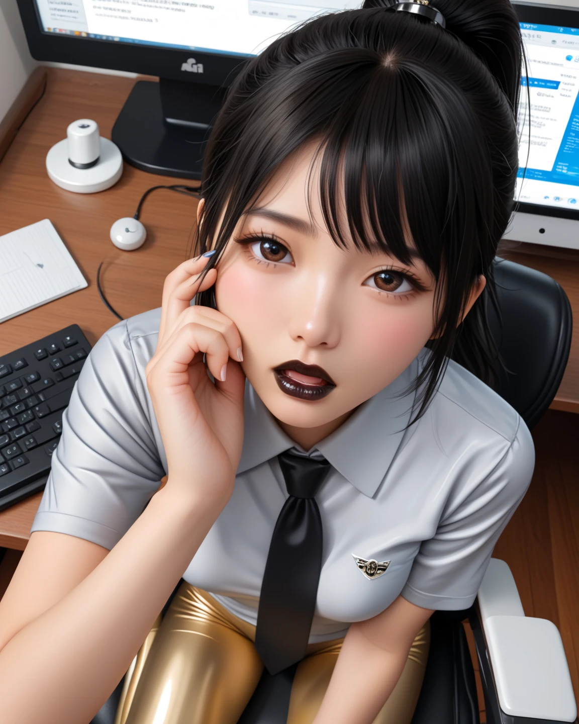 high-definition images, atmospheric perspective, 8k, super detail, accurate, best quality, emphasis on the balance of limb size, ecstasy face, dark brown pupil, (drooping eyes, blush)), (sleepy face), elaborately designed luxury panties for adults, ((showing off the panties)), (straddle masturbation), open mouth, open legs, thin thighs, thin legs, eccentric pose, slut, angle from below, in the narrow factory, machines, industrial robot arm, factory clerk, shirt, skirt, suit jacket, tiny earrings, short bob,
