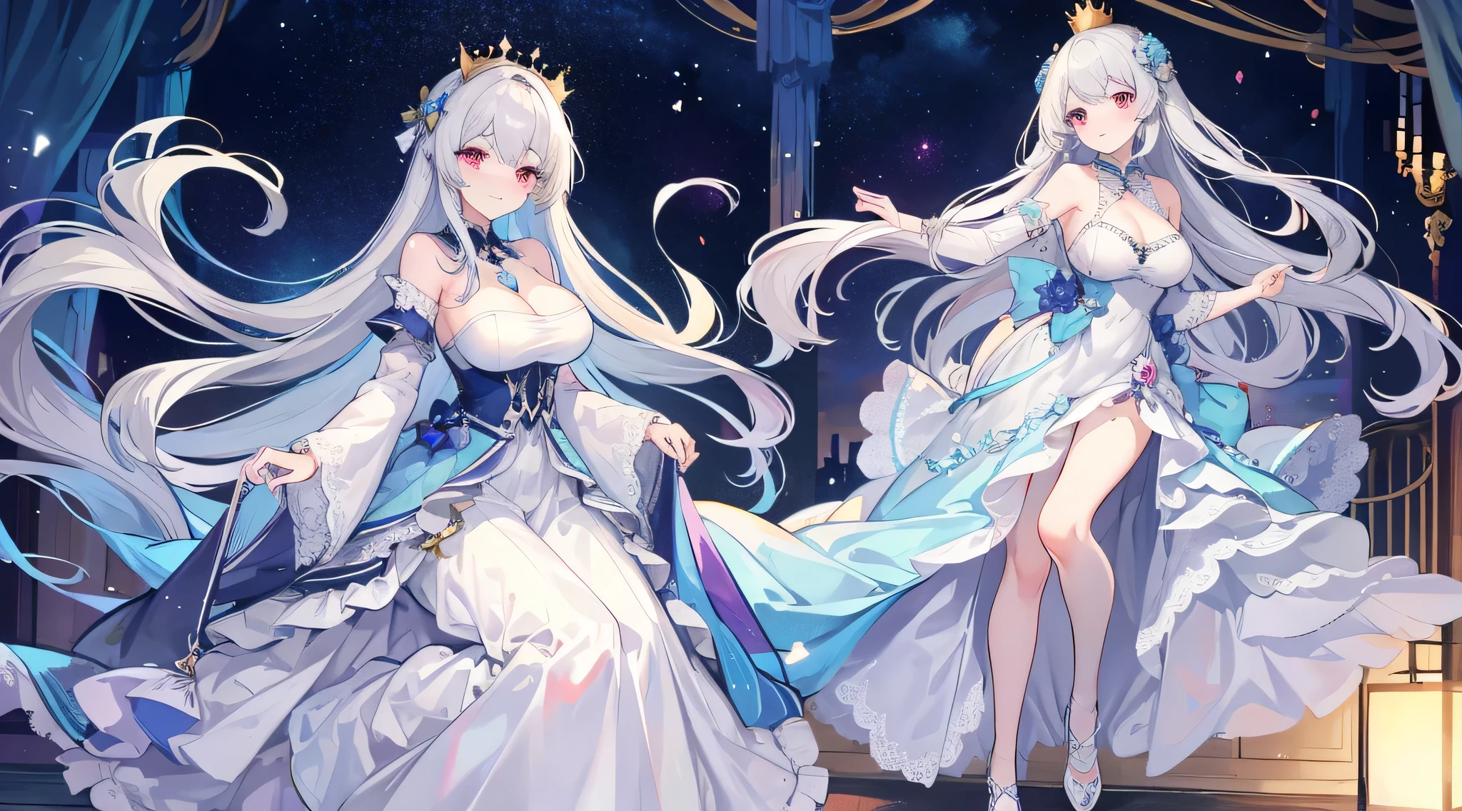 Works of masters，Best image quality，超高分辨率，Break XX，sorceress woman，long whitr hair，white colors，A patient expression，vacant eyes，blue colors，exposing her chest，The large，Erotic lingerie，lifting up skirt，Creampie，8K分辨率，Peerless beauty，Hair is depicted in detail，Small nose，exquisite lighting and shadows，The facial features of the golden ratio，k hd，with light glowing，White glowing particle effect，（rich colours），bare-legged，