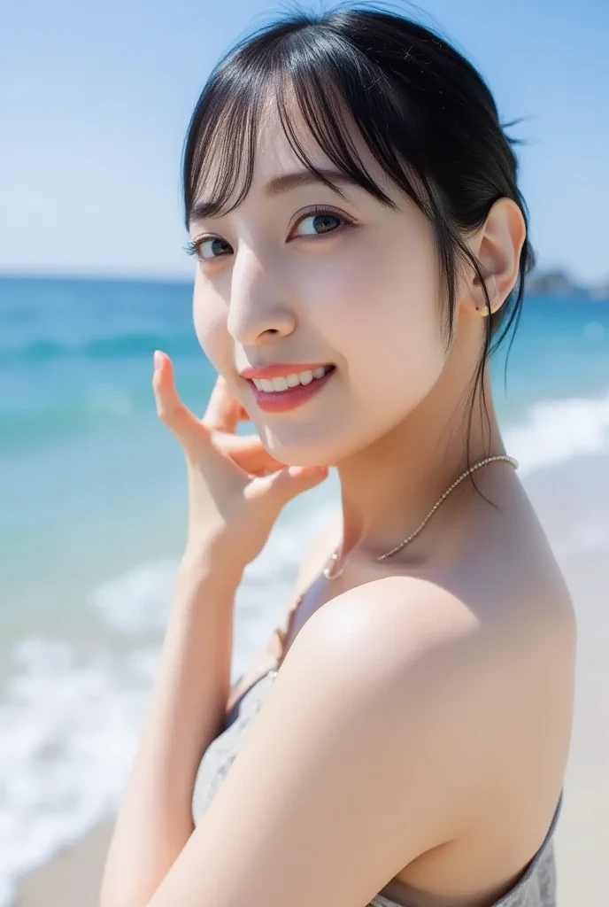 a girl wearing tiny blue sample earring, At the beach, sea, blue sky, sea breeze, half body shoot, Korean, KPOP, happy smile, group, white skin, black hair, jewelry, commercial advertising, white background, laser gradient background, subsurface scattering effect