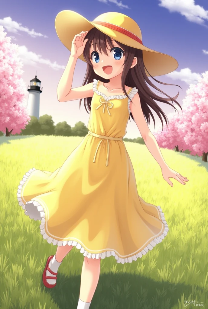  high definition images、fuwa aika、Uma persona、A sweet girl person、anime(dressed in yellow lace:1.2)、Relaxed Dress(Sun Shade hat:1.2)、 Cherry field 、Sob o sol、ogipote 、Watch Viewer、vento、dynamic、Strong light and dark、dynamicなポーズ、the sky is in various colors. There is a lighthouse in the background. the grass is green and the scenery is happy. 
