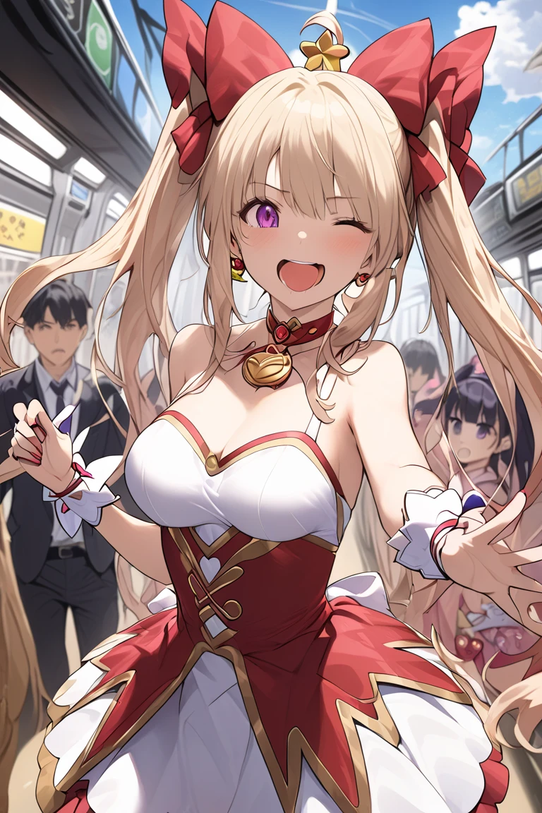 En plein air,masterpeace,High quality,peaches_Hanasaki, 1girll, Solo, Long hair, Blue eyes, jewelry, Hair ribbon, Pink hair, shoes, choker necklace, Miniskirt, Red skirt, magical little girl, yellow bow, heart brooch,Bare legs,full bodyesbian, huge tit, underboobs exposed, Crazy swollen breasts, Plump crotch, Fitness model, Ruddy cheeks, perspire, Sweaty, The whole body is soaked with clothes, Wheezing, Mouth open, Reveal a shy and nervous expression, cleavage, Night's, Sitting on a hotel bed, Caught by a group of men, grabbing the breasts, A crowd stared at her intently, POV hands, assisted exposure, pulled by another, lifted by another, undressing another, Catch, Pulling, clothes pull, ((She was held from behind by a man:1.5)), ((She was grabbed by the chest by a large group of men:1.5)), ((The man presses his chest against the woman's back 1)), ((She was grabbed by a large group of men on the buttocks:1.5)), ((very large crowd of men around her:1.5)), ((There were no women in the crowd)), full bodyesbian