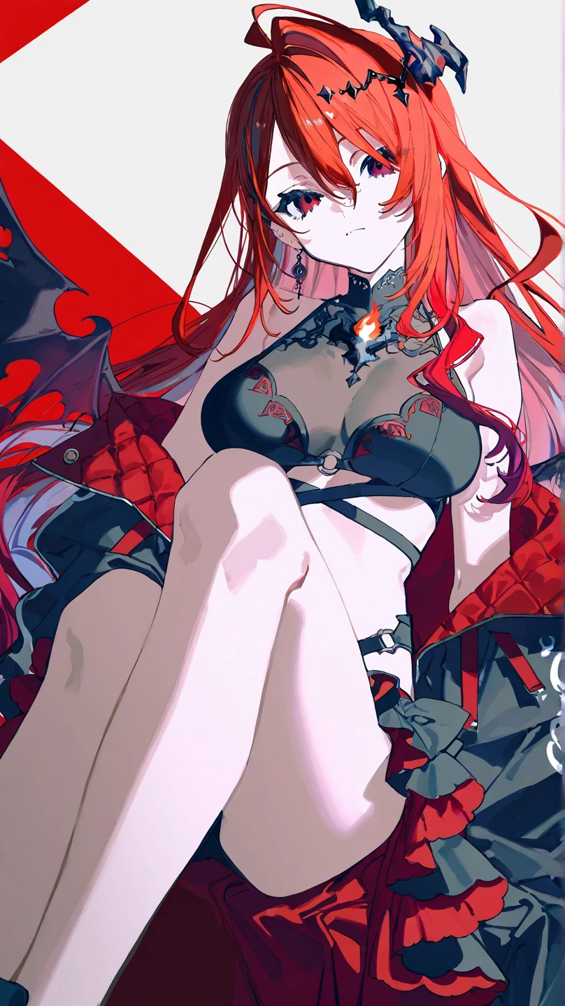 A female with long red hair tied into a high ponytail with two medium-sized horns protruding from each side of her head. Soft pastel glowing eyes with thin eyebrows. Pronounced breasts and buttocks. Wears a choker around her neck, a black bra, a jacket worn half off her shoulders, a short skirt, thigh-high stockings with a garter belt, and black high heels.