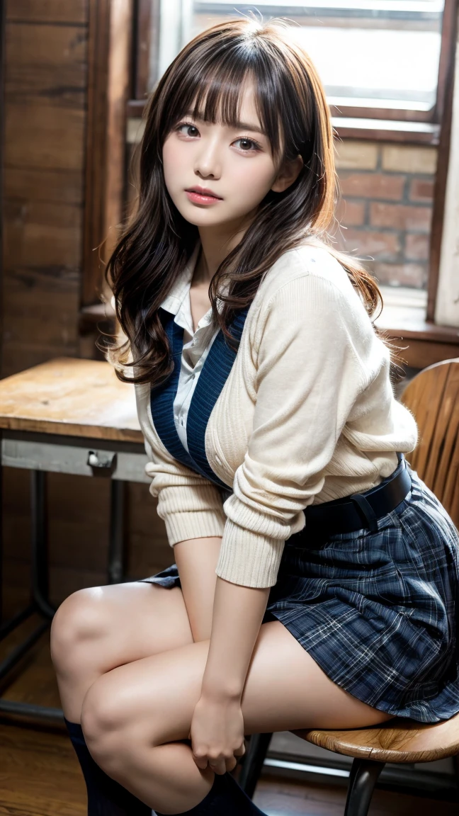 in_cage、highest quality、16K high resolution、Super detailed、masterpiece、Live shooting、genuine、photogenuineistic、とても繊細in美しい、fine details、1 female、(super beautiful)、(beautiful face:1.5)、(adult face)、18 year old high school girl、(white panties:1.2)、(spread your legs to the side)、(high school uniform)、(plaid pleated skirt)、(Dark blue school sweater)、white shirt、brown hair、wearing makeup、(At SFW)