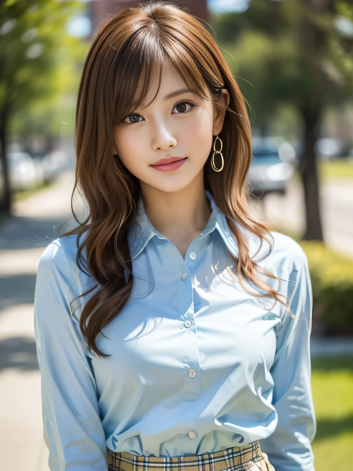 (Realistic:1.2),(Masterpiece,highest quality),8k,((One Woman)),20-year-old,Tight waist,Big Hips,Perfect Anatomy, Brown Hair, Wavy Hair,Random Hairstyles,Big beautiful breasts,((Highly detailed face and eyes))(Cute Face:1.4),Beautiful actress face,Perfect golden ratio face,Women、Random sexy poses,smile、(garter belt、White micro mini nurse uniform)