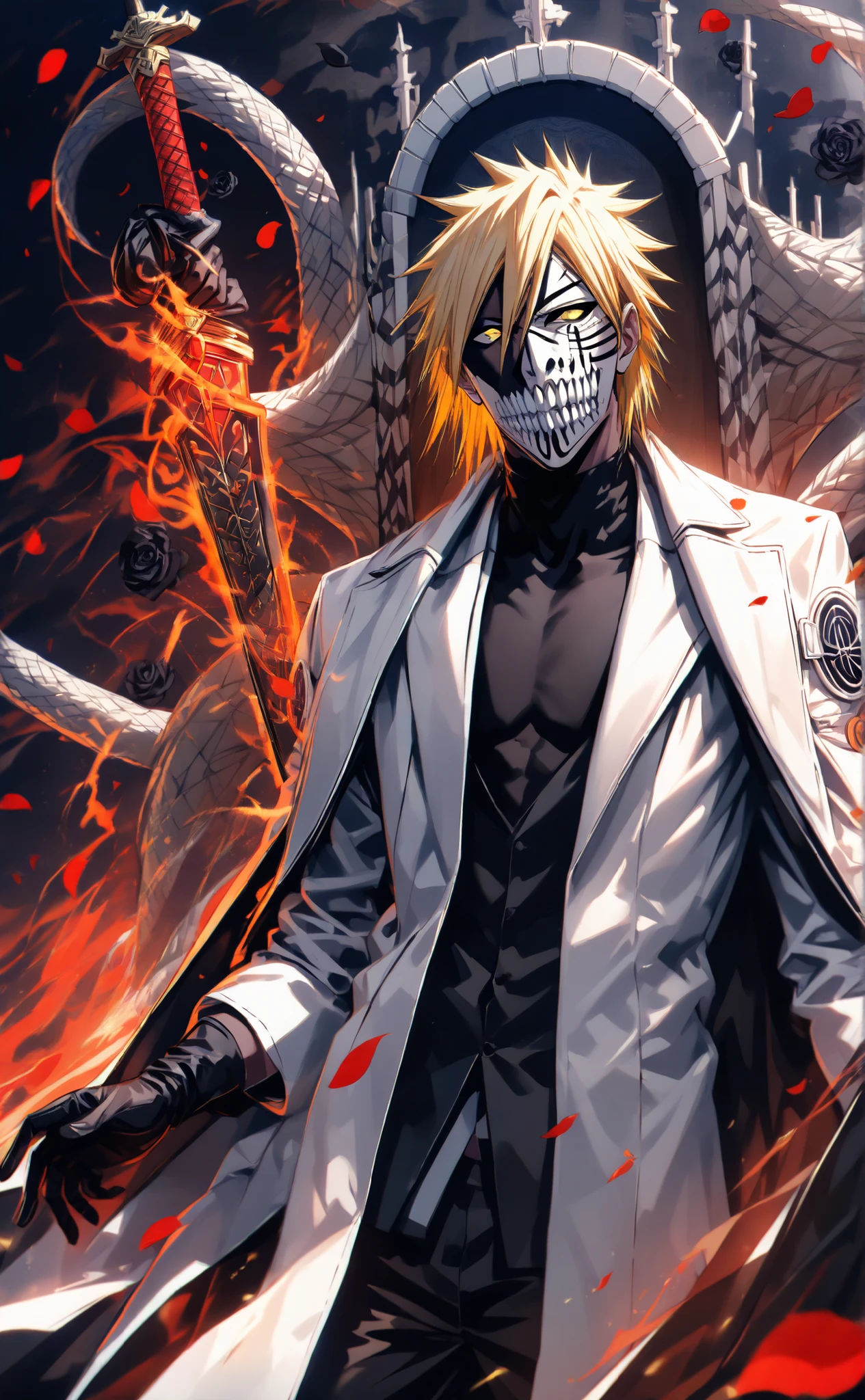 absurdres, highres, ultra detailed, HDR, masterpiece, extremely detailed face and eyes, perfect face, Hollowfication Of Uzumaki_Naruto's, Blonde Mix Black hair, hair between the eyes, expressive Amber eyes, pale skin, Bleach, solo, sexy man, handsome, white Hoodie Coat, tight black shirt, patterns, Long Fangs, Black Gloves, Black roses, petals, in Las Noches Throne Of Hueco Mundo, (((Silhouette Of Ten-Tail Fox Spirit Through At Behind Him))), (((Power Spirit on His Sword)))