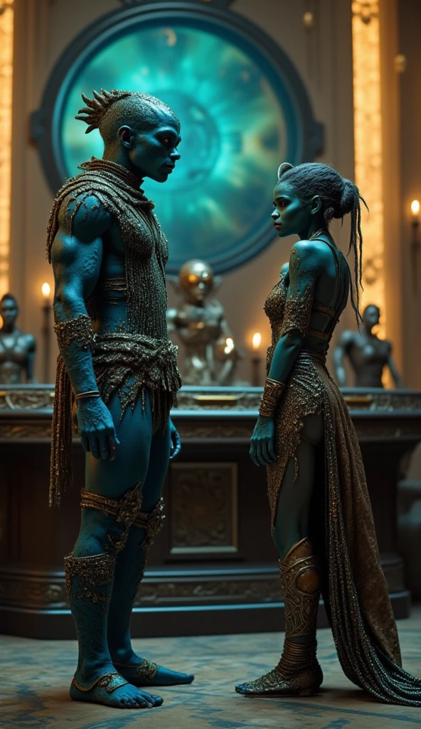 blue skin  in shiny sparkle glitter clothes alien angry face tall and muscular man and a hyper realistic and detailed shiny black  and golden white hair alien girl standing on foot in a room with a huge headquarters table with very large woodwork and giant screens inside. 