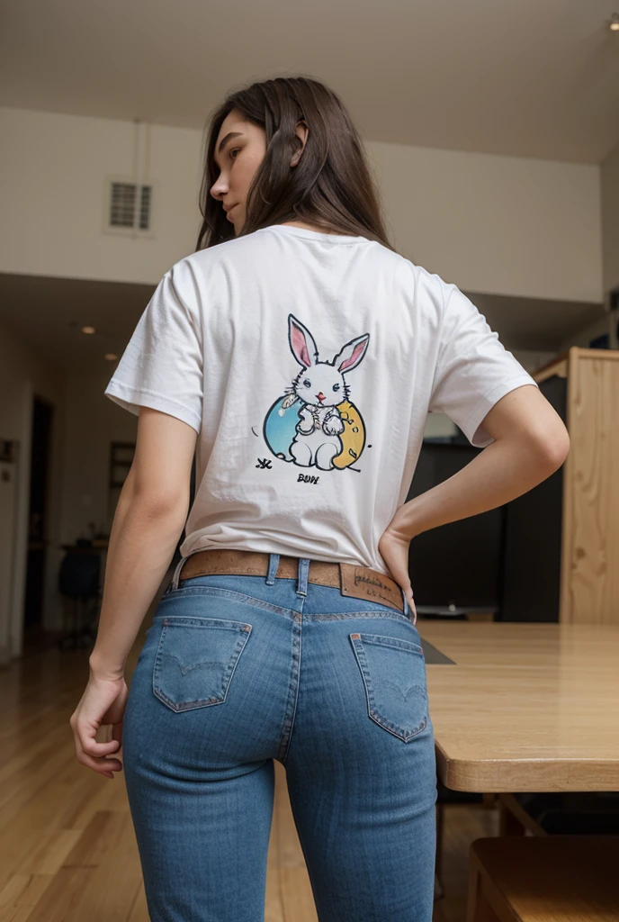 une femme avec un fouet et un t-shirt avec logo Dauphine56 tenants en laisse un lapin avec un t-shirt ouaf